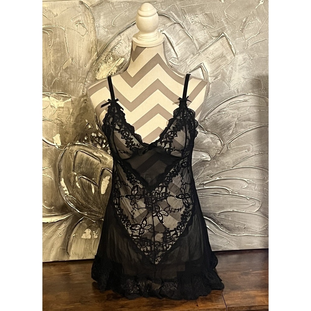 Classic Vintage Fredericks Of Hollywood Black Sheer Lace Lingerie Nightgown Sz L